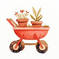 A red wheelbarrow with flower pots illustration watercolor plants.