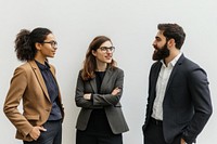 Three business people talking conversation person professional.