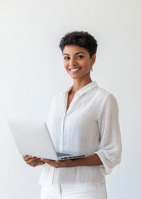 An indain woman wearing a shirt laptop background smile.