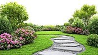 Organized English garden flowers landscape outdoors.