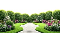 Organized English garden flowers path landscape.