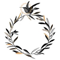 Elegant wreath with black and gold leaves, featuring a hummingbird. The wreath is circular, with a bird perched on top. Black and gold accents throughout. Holiday frame illustration isolated on white.