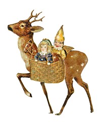 Vintage illustration of a reindeer carrying a basket with a child and an elf. The reindeer, child, and elf create a whimsical, nostalgic scene. Vintage holiday illustration isolated on white.