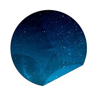 Circular sticker with a starry night sky design. The sticker features a deep blue with scattered white stars, creating a cosmic, celestial theme. Festive holiday element isolated on white.