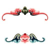 Colorful ornamental design with swirling patterns. Decorative elements in red, blue, and green. Ornamental and decorative motifs with swirling shapes. Chinese illustration isolated on white.