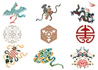 Collection of traditional Asian symbols, featuring dragons, clouds, and geometric patterns. Vibrant Asian art with dragons and clouds in traditional style. Chinese illustrations isolated on white.