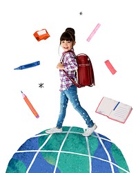 Young girl with backpack, standing on globe, surrounded by school supplies. Child, education, school, learning. Girl, backpack, globe, school supplies. Asian girl element isolated on white background.