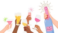 Illustration of diverse hands toasting with drinks. Glasses of champagne, beer, and wine. Celebration with diverse hands and drinks. Cheers with champagne. Drink and beverage illustration isolated.