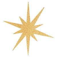 Glittery gold star with sharp points. Gold star sparkles with glitter. Star design in gold, perfect for festive decor. Glittery gold star shines brightly. Festive holiday element isolated on white.