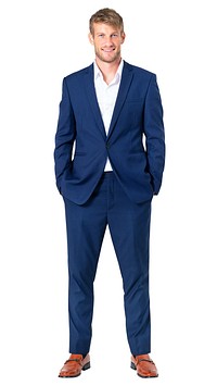 Man in blue suit, white shirt, brown shoes. Business attire, professional look. Confident pose, blue suit, white shirt. Stylish, formal, blue suit. Man isolated isolated on white background.