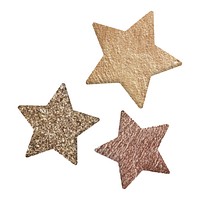 Three glittery stars in gold, bronze, and copper. Glittery stars with metallic shine. Decorative stars for festive, shiny, and glittery designs. Festive new year party element isolated on white.