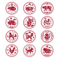 Twelve red Chinese zodiac symbols, each representing an animal. Zodiac animals include rat, ox, tiger, rabbit, dragon, snake, horse, goat, monkey, rooster, dog, pig. Chinese zodiac illustration set.