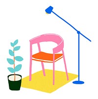 Colorful illustration of a pink chair, blue lamp, and green plant on a yellow rug. Bright colors, modern design, vibrant decor elements. Hand drawn illustration isolated on white background.