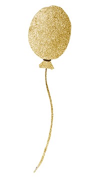 Glittery gold balloon illustration with a long string. Gold balloon shines with glitter. Perfect for party decor, invitations, or festive designs. Festive new year party element isolated on white.