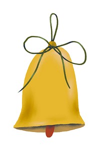 Illustration of a yellow bell with a green ribbon. The bell is simple and decorative. Yellow bell with ribbon, perfect for festive designs. Cute holiday illustration isolated on white background.