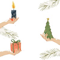 Illustration of hands holding a candle, gift, and Christmas tree. Festive, holiday-themed design with greenery. Christmas, holiday, festive elements. Festive holiday illustration isolated on white.