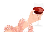 Illustration of a hand holding a glass of red wine, adorned with a floral bracelet. The wine glass is prominent, with a focus on elegance and relaxation. Festive holiday illustration isolated on white