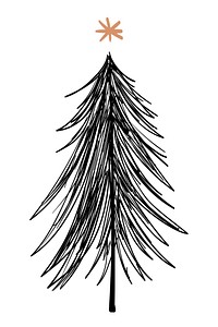 Minimalist Christmas tree illustration with a simple star. Black lines form the tree, topped with a small star. Simple, elegant, minimalist design. Doodle holiday illustration isolated on white.