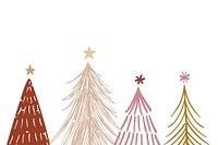 Illustration of five stylized Christmas trees in various colors. Christmas trees with stars, gold, and pink. Holiday trees in abstract design. Holiday border with copy space, white background.