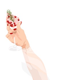 Illustration of a hand holding a glass with red berries and rosemary. Elegant red berries, and rosemary in a glass. Stylish drink with berries and rosemary. Drink and beverage illustration isolated.