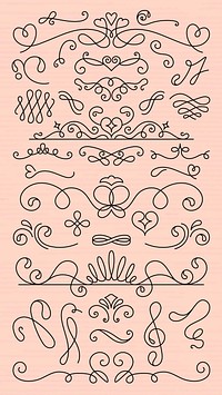 Vector set. Elegant swirl and flourish designs on a soft background. Swirls and flourishes create a decorative, ornamental pattern. Perfect for invitations and cards. Hand drawn ornament vector set.