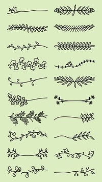 Decorative Vector set. Set of 16 floral dividers with leaves and branches. Decorative floral elements, floral dividers, and branches on a light green background. Hand drawn ornament vector set.