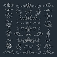 Elegant vector set of decorative flourishes and swirls. Includes various ornamental designs, flourishes, and swirls for creative projects and embellishments. Hand drawn ornament vector set.