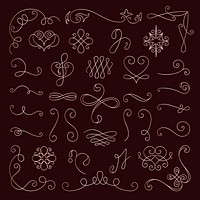 Vector set. Elegant swirl designs on a dark background. Swirl patterns include hearts, loops, and curves. Swirl motifs ideal for decoration, art, and design projects. Hand drawn ornament vector set.