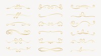 Elegant gold dividers with swirls and curls. Decorative gold accents for design. Gold swirls and curls add elegance. Perfect for invitations and elegant designs. Hand drawn ornament vector set.