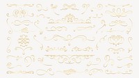 Elegant gold decorative swirls and flourishes on a light background. Swirls and flourishes create a classic, ornate design. Perfect for invitations and elegant decor. Hand drawn ornament vector set.