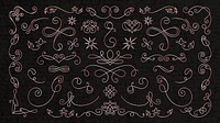 Elegant decorative flourishes and swirls on a dark background. Flourishes include loops, curves, and ornate designs. Swirls and flourishes create a vintage feel. Hand drawn ornament vector set.