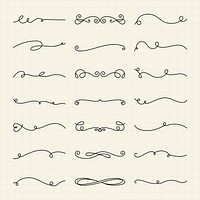 Set of decorative line dividers, swirls, and flourishes. Elegant line dividers for design. Swirls and flourishes for creative projects. Decorative line art. Hand drawn ornament vector set.