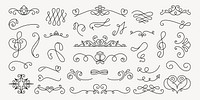 Vector set. Elegant calligraphic flourishes and swirls in various styles. Decorative flourishes, swirls, and ornate designs perfect for invitations and art projects. Hand drawn ornament vector set.