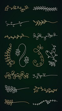 Vector set. Elegant floral dividers with leaves and vines. Floral designs, leaves, and vines in gold and white. Decorative floral dividers for creative projects. Hand drawn ornament vector set.