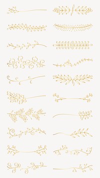 Decorative Vector set. Elegant floral dividers in gold. Delicate floral patterns with leaves and flowers. Perfect for invitations, cards, and decorative designs. Hand drawn ornament vector set.