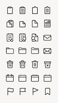 Minimalist icon set featuring documents, folders, trash bins, and flags. Simple, clean design with document, folder, and trash icons in black outlines. User interface icons, UI icon vector set.