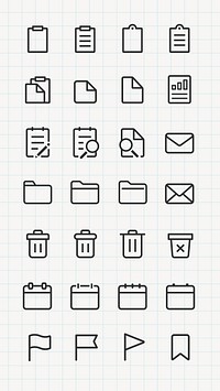 UI icon vectors. Minimalist icon set with folders, documents, and calendars. Includes trash bins, flags, and envelopes. Simple, clean design for digital use. User interface icons, UI icon vector set.