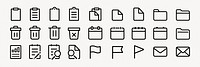 Set of 24 minimalist office icons. Includes clipboard, folder, trash, calendar, and flag icons. Simple line design for office, documents, and organization. User interface icons, UI icon vector set.