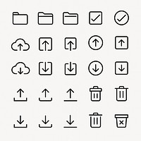 Set of 24 minimalist icons featuring upload, download, trash, and folder symbols. Simple and clean design for digital interfaces and applications. User interface icons, UI icon vector set.