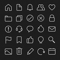 Set of 25 minimalist white icons on a black background. Includes home, folder, bell, heart, lock, and more. Perfect for apps, websites, and interfaces. User interface icons, UI icon vector set.