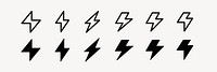 A series of black lightning bolt icons in various styles. Lightning bolt symbols repeated in different thicknesses, showcasing energy and power in design. User interface icons, UI icon vector set.