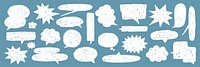 A collection of white speech bubbles and thought clouds on a blue background. Speech bubbles and thought clouds in various shapes and sizes. Message illustration vector.