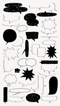 A collection of black and white speech bubbles in various shapes and sizes, including stars, clouds, and rectangles. Speech bubbles for comics and illustrations. Message illustration vector.