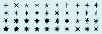 Collection of 40 black star shapes on a light blue background. Various star designs include starbursts, star outlines, and abstract stars. Star shapes for design use. Element vector set.