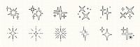 Set of hand-drawn star doodles. Various star shapes, sparkles, and twinkles. Simple star illustrations for creative designs. Perfect for adding starry accents. Element vector set.