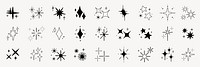 A collection of 30 black star and sparkle icons in various shapes and styles. These star icons and sparkle icons add a whimsical touch to any design. Perfect for creative projects. Element vector set.