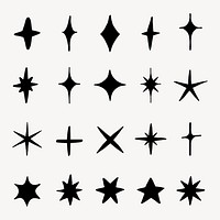 Set of 18 black star icons in various shapes. Star shapes include crosses, diamonds, and asterisks. Simple black star icons for design use. Element vector set.