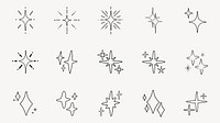 Set of 12 star icons in minimalist style. Star icons feature simple, clean lines. Minimalist star icons ideal for design projects. Variety of star icon shapes. Element vector set.