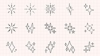 Set of 15 hand-drawn star icons on grid paper. Star icons vary in shape and size. Perfect for design projects needing star icons or hand-drawn elements. Element vector set.