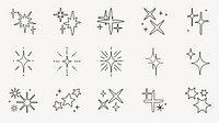 Set of star and sparkle icons. Various star shapes, sparkle designs, and twinkling patterns. Simple line art of stars and sparkles in different styles. Element vector set.